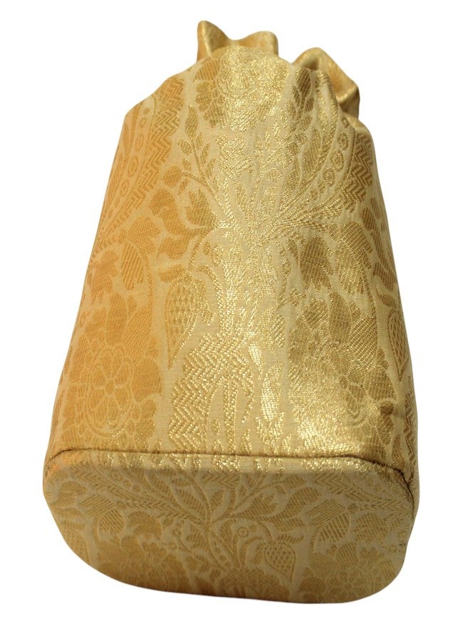 MILAN'S CREATION Banarasi Silk Brocade Potli Bag Purse With Base Drawstring Women's handbag with Pearl Handle & Tassel Weddings (Gold) - Image 4